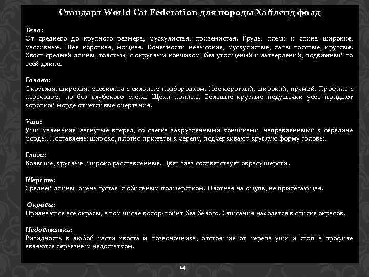 Стандарт World Cat Federation для породы Хайленд фолд Тело: От среднего до крупного размера,