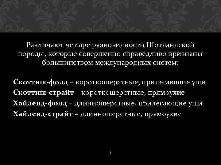 Различают четыре разновидности Шотландской породы, которые совершенно справедливо признаны большинством международных систем: Скоттиш-фолд –