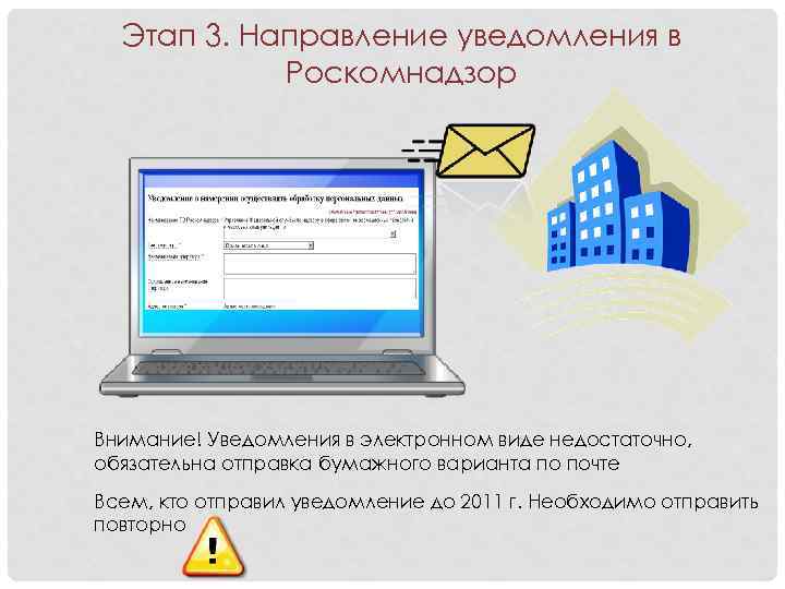 Этап 3. Направление уведомления в Роскомнадзор Внимание! Уведомления в электронном виде недостаточно, обязательна отправка