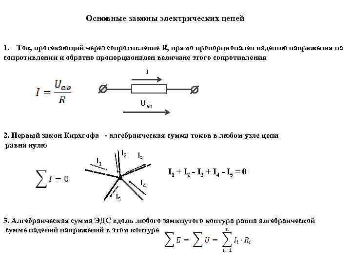 Основные законы электрических цепей 1. Ток, протекающий через сопротивление R, прямо пропорционален падению напряжения