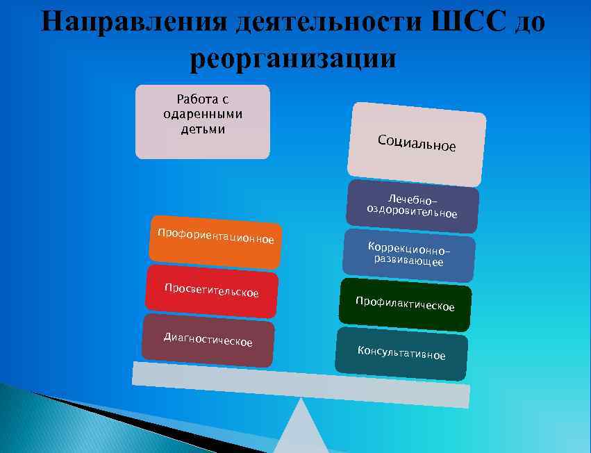 Направления деятельности ШСС до реорганизации Работа с одаренными детьми Социально е Лечебнооздоровительн ое Профориентац