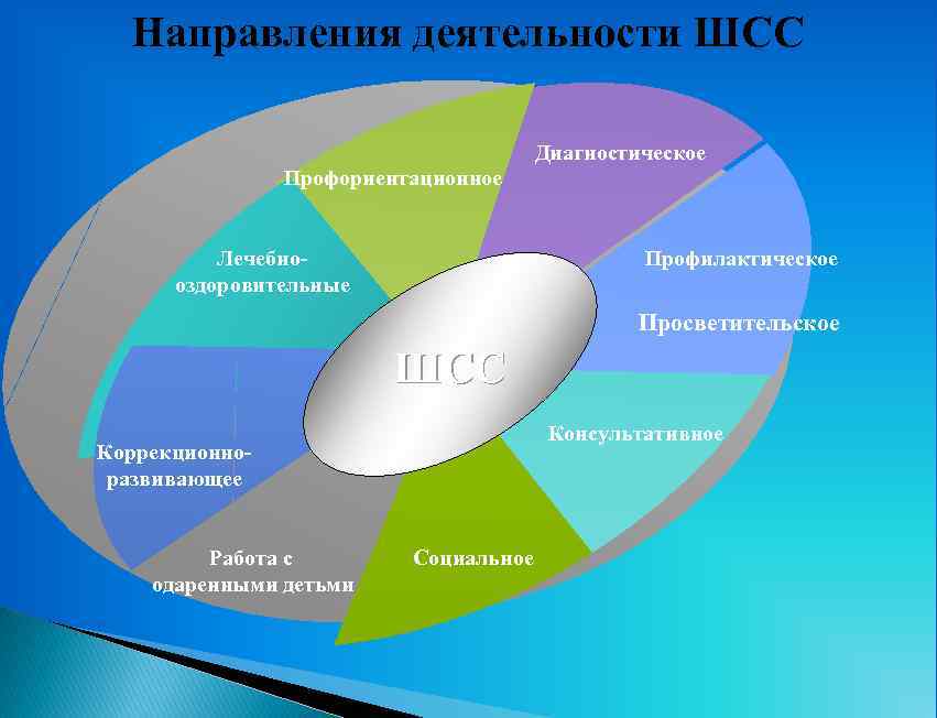 Направления деятельности ШСС Диагностическое Профориентационное Профилактическое Лечебнооздоровительные Просветительское ШСС Консультативное Коррекционноразвивающее Работа с одаренными