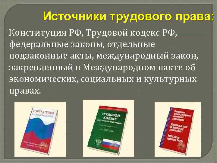 Источники трудового права: Конституция РФ, Трудовой кодекс РФ, федеральные законы, отдельные подзаконные акты, международный