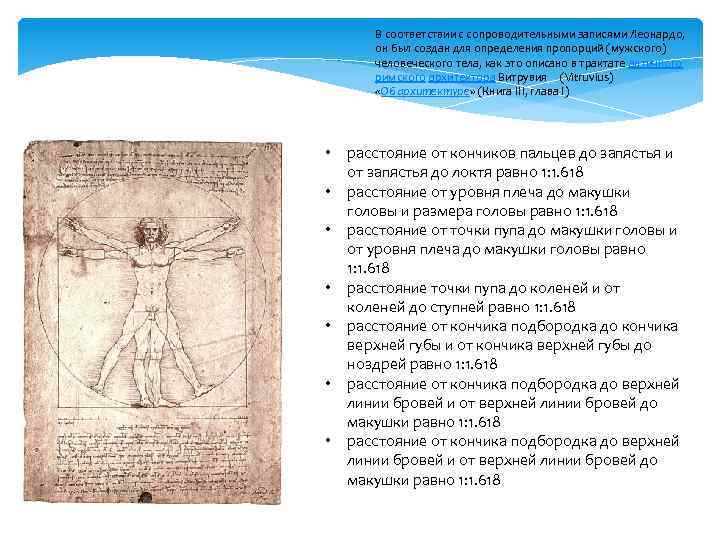 В соответствии с сопроводительными записями Леонардо, он был создан для определения пропорций (мужского) человеческого