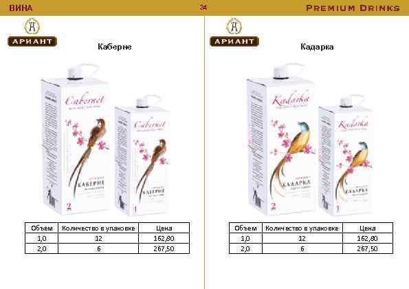 34 ВИНА Каберне Объем 1, 0 2, 0 Количество в упаковке 12 6 Кадарка
