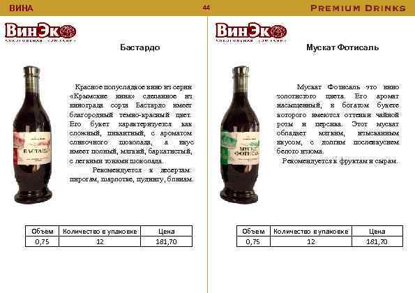 44 ВИНА Бастардо Мускат Фотисаль Красное полусладкое вино из серии «Крымские вина» сделанное из