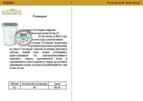 8 ВОДКИ Стопарик Водка «Стопарик» впервые была выпущена более 10 _ 10 лет назад,