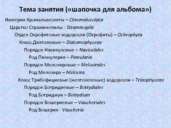 Тема занятия ( «шапочка для альбома» ) Империя Хромальвеоляты – Chromalveolata Царство Страминопилы -