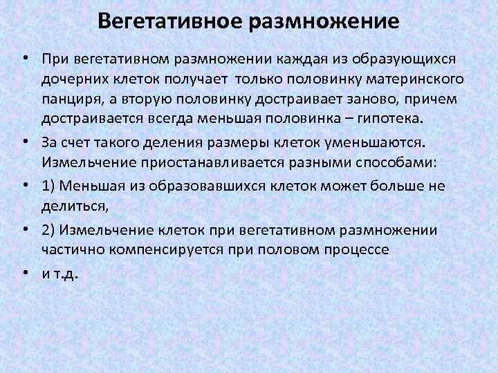 Вегетативное размножение • При вегетативном размножении каждая из образующихся дочерних клеток получает только половинку