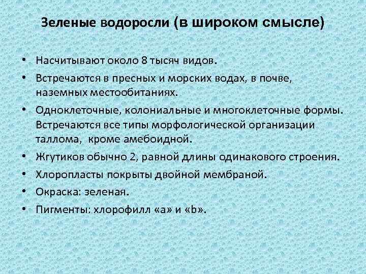 Зеленые водоросли (в широком смысле) • Насчитывают около 8 тысяч видов. • Встречаются в