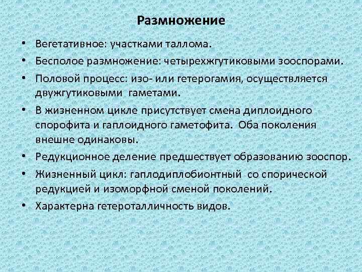 Размножение • Вегетативное: участками таллома. • Бесполое размножение: четырехжгутиковыми зооспорами. • Половой процесс: изо-