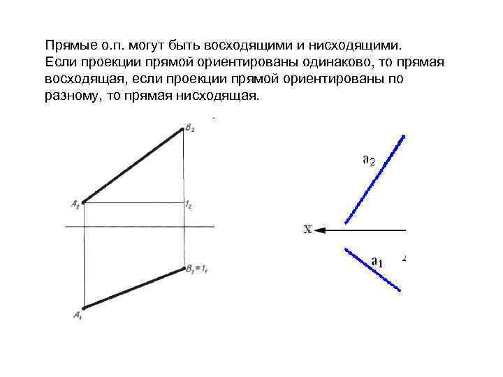 Прямые о. п. могут быть восходящими и нисходящими. Если проекции прямой ориентированы одинаково, то