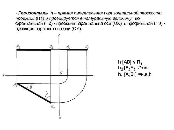 - Горизонталь h – прямая параллельная горизонтальной плоскости проекций (П 1) и проецируется в