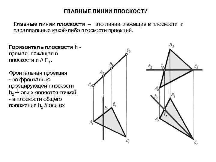  ГЛАВНЫЕ ЛИНИИ ПЛОСКОСТИ Главные линии плоскости – это линии, лежащие в плоскости и