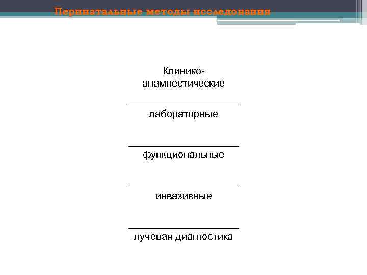 Перинатальные методы исследования Клиникоанамнестические лабораторные функциональные инвазивные лучевая диагностика 