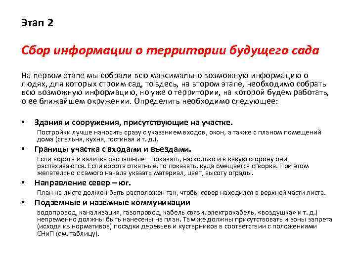 Этап 2 Сбор информации о территории будущего сада На первом этапе мы собрали всю
