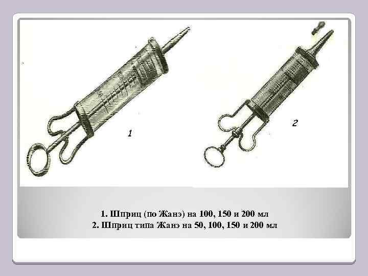1. Шприц (по Жанэ) на 100, 150 и 200 мл 2. Шприц типа Жанэ