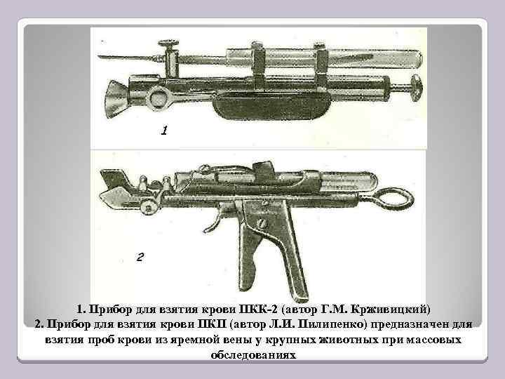 1. Прибор для взятия крови ПКК-2 (автор Г. М. Крживицкий) 2. Прибор для взятия