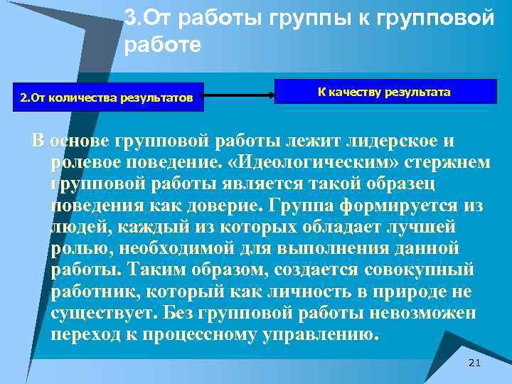 3. От работы группы к групповой работе 2. От количества результатов К качеству результата