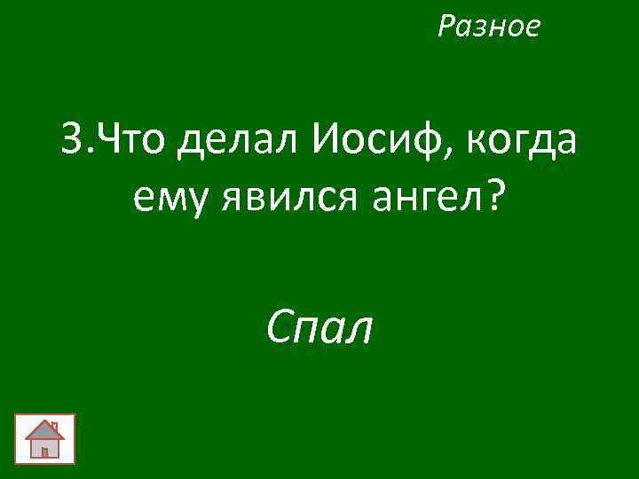Разное 3. Что делал Иосиф, когда ему явился ангел? Спал 