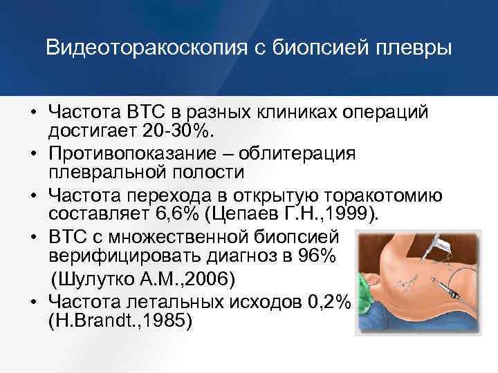 Видеоторакоскопия с биопсией плевры • Частота ВТС в разных клиниках операций достигает 20 -30%.