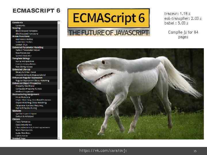 ECMASCRIPT 6 traceur: 1. 18 s es 6 -transpiler: 2. 03 s babel :