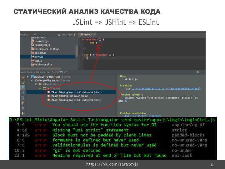 СТАТИЧЕСКИЙ АНАЛИЗ КАЧЕСТВА КОДА JSLint => JSHint => ESLint https: //vk. com/saratovjs Confidential 49
