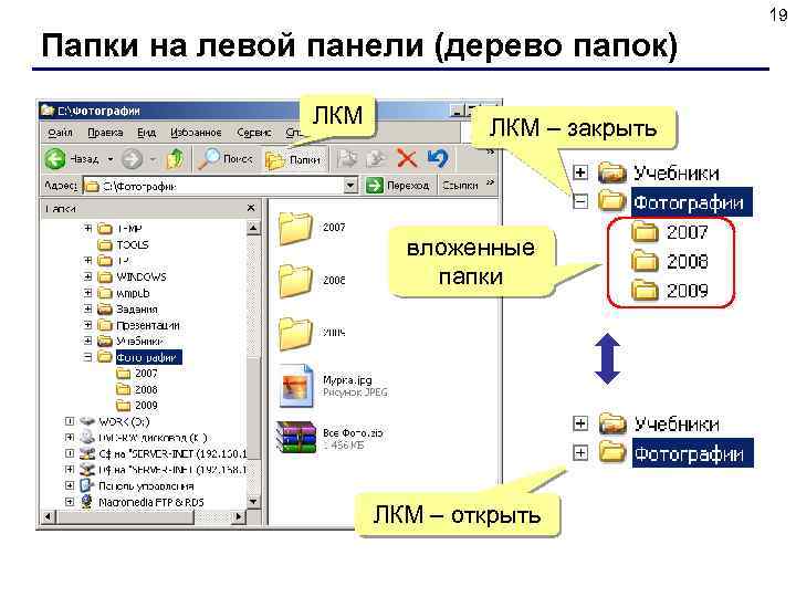 19 Папки на левой панели (дерево папок) ЛКМ – закрыть вложенные папки ЛКМ –