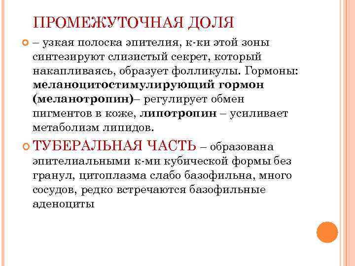 ПРОМЕЖУТОЧНАЯ ДОЛЯ – узкая полоска эпителия, к-ки этой зоны синтезируют слизистый секрет, который накапливаясь,