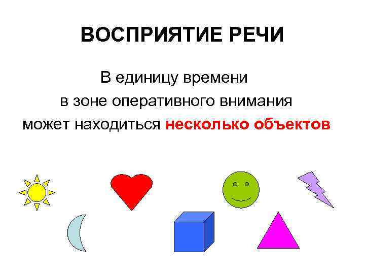 ВОСПРИЯТИЕ РЕЧИ В единицу времени в зоне оперативного внимания может находиться несколько объектов 