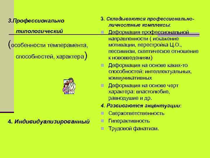 3. Профессионально типологический (особенности темперамента, способностей, характера) 4. Индивидуализированный 3. Складываются профессиональноличностные комплексы: n