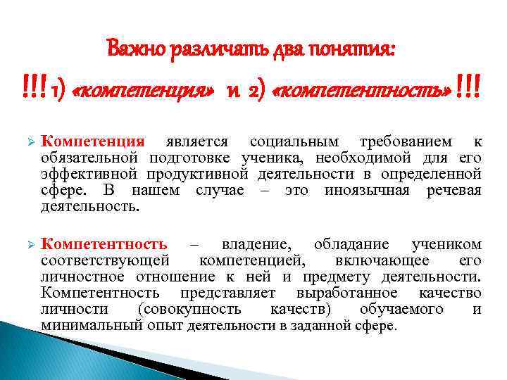 Важно различать два понятия: !!! 1) «компетенция» и 2) «компетентность» !!! Ø Компетенция является