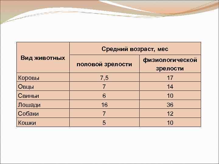 Средний возраст, мес Вид животных Коровы Овцы Свиньи Лошади Собаки Кошки половой зрелости физиологической