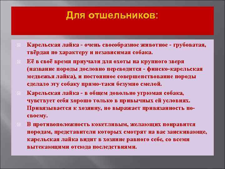 Для отшельников: Карельская лайка - очень своеобразное животное - грубоватая, твёрдая по характеру и