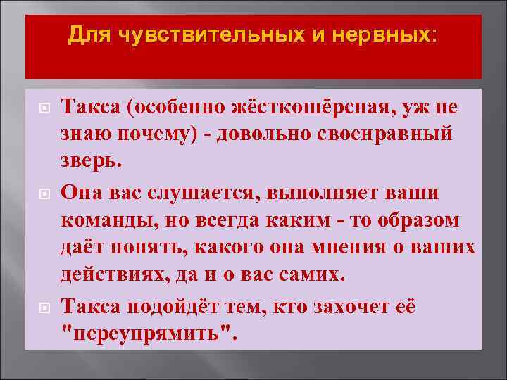 Для чувствительных и нервных: Такса (особенно жёсткошёрсная, уж не знаю почему) - довольно своенравный