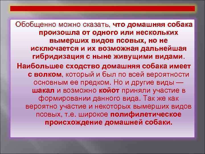Обобщенно можно сказать, что домашняя собака произошла от одного или нескольких вымерших видов псовых,