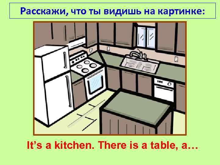 Расскажи, что ты видишь на картинке: It’s a kitchen. There is a table, a…