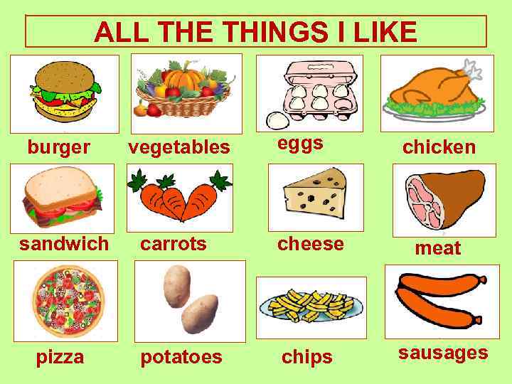 ALL THE THINGS I LIKE eggs burger vegetables sandwich carrots cheese potatoes chips pizza