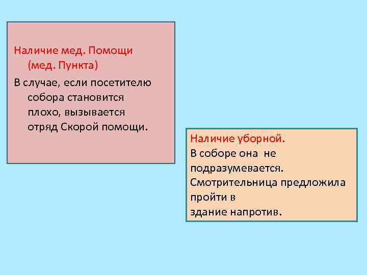Наличие мед. Помощи (мед. Пункта) В случае, если посетителю собора становится плохо, вызывается отряд