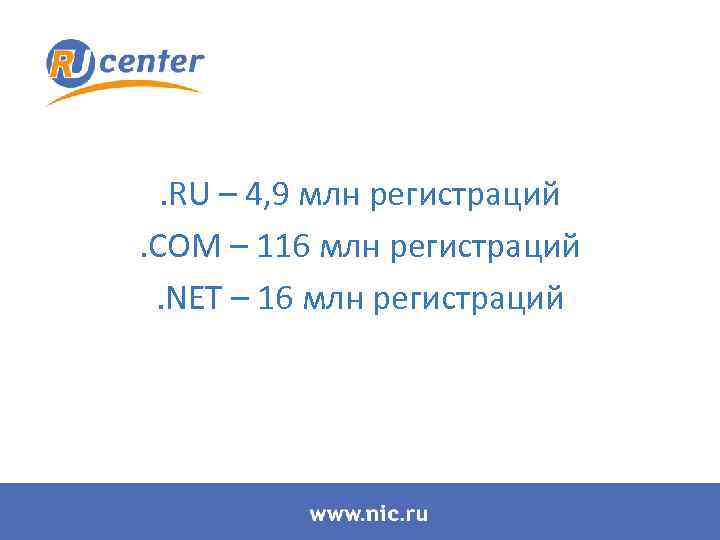. RU – 4, 9 млн регистраций. COM – 116 млн регистраций. NET –