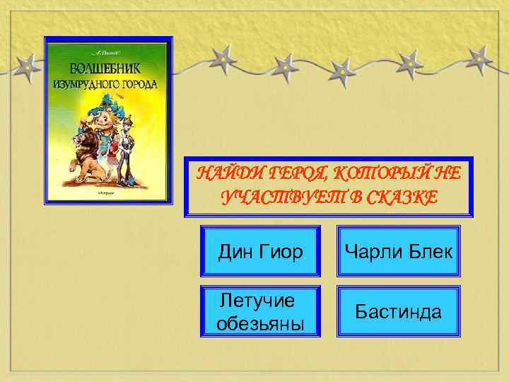 НАЙДИ ГЕРОЯ, КОТОРЫЙ НЕ УЧАСТВУЕТ В СКАЗКЕ Дин Гиор Чарли Блек Летучие обезьяны Бастинда