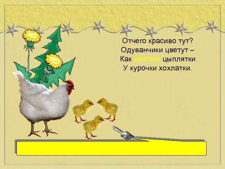 Отчего красиво тут? Одуванчики цветут – Как желтые цыплятки У курочки хохлатки. 
