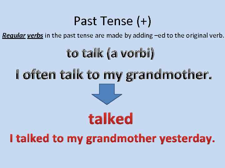 Past Tense (+) Regular verbs in the past tense are made by adding –ed
