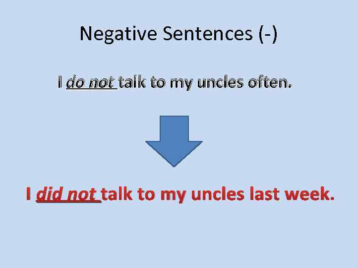 Negative Sentences (-) I do not talk to my uncles often. I did not