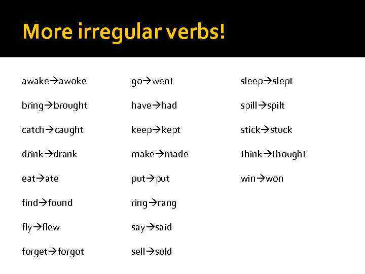 More irregular verbs! awake awoke go went sleep slept bring brought have had spill