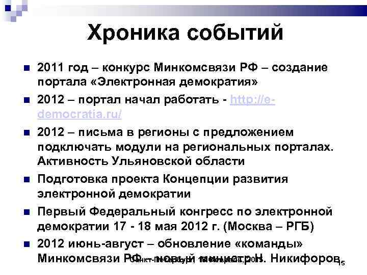 Хроника событий 2011 год – конкурс Минкомсвязи РФ – создание портала «Электронная демократия» 2012