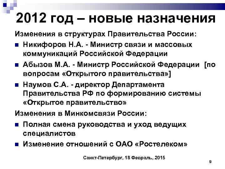 2012 год – новые назначения Изменения в структурах Правительства России: Никифоров Н. А. -