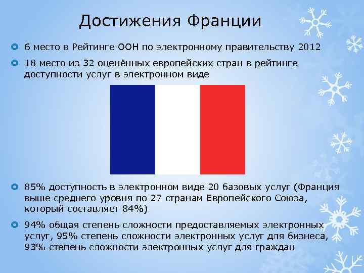 Достижения Франции 6 место в Рейтинге ООН по электронному правительству 2012 18 место из