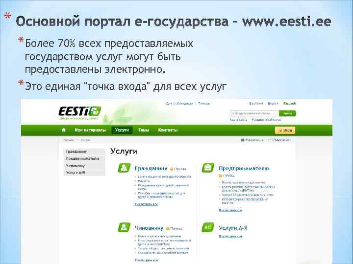 * *Более 70% всех предоставляемых государством услуг могут быть предоставлены электронно. *Это единая 