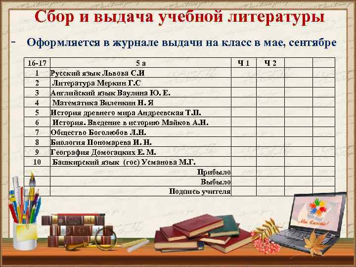  Сбор и выдача учебной литературы Оформляется в журнале выдачи на класс в мае,